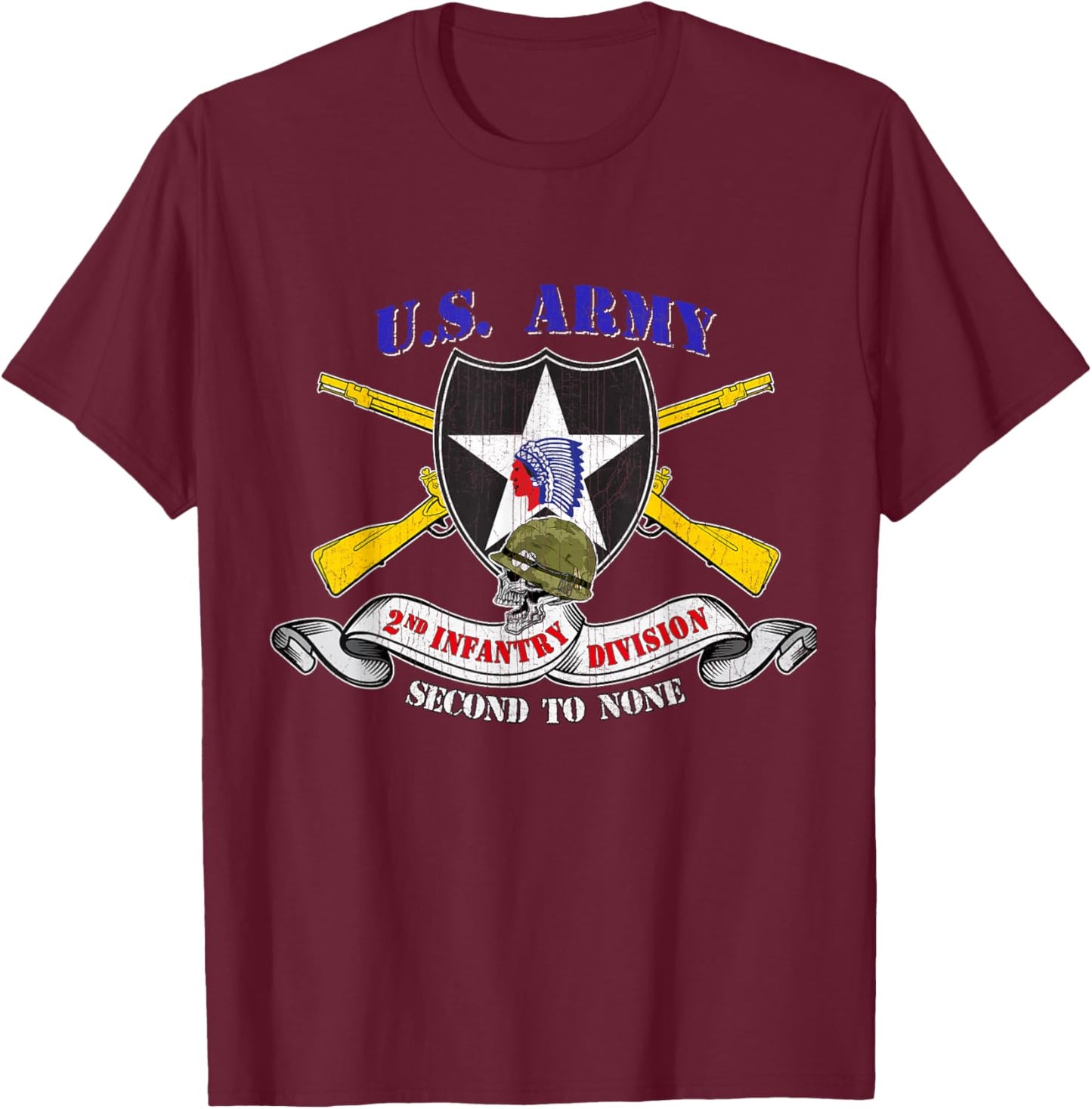 2nd Infantry Division Veteran 2ID - Adults - Black - Small - Short Sleeve - Modern Classic Fit U-Neck - Military Veteran T-Shirt - T-Shirt | Maroon