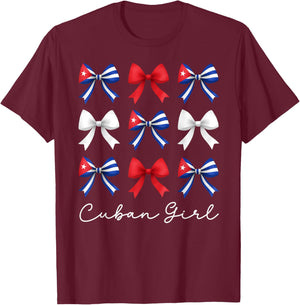 Cuban Girl Coquette Bows Hispanic Heritage Month Cuba Flag T-Shirt - T-Shirt | Maroon