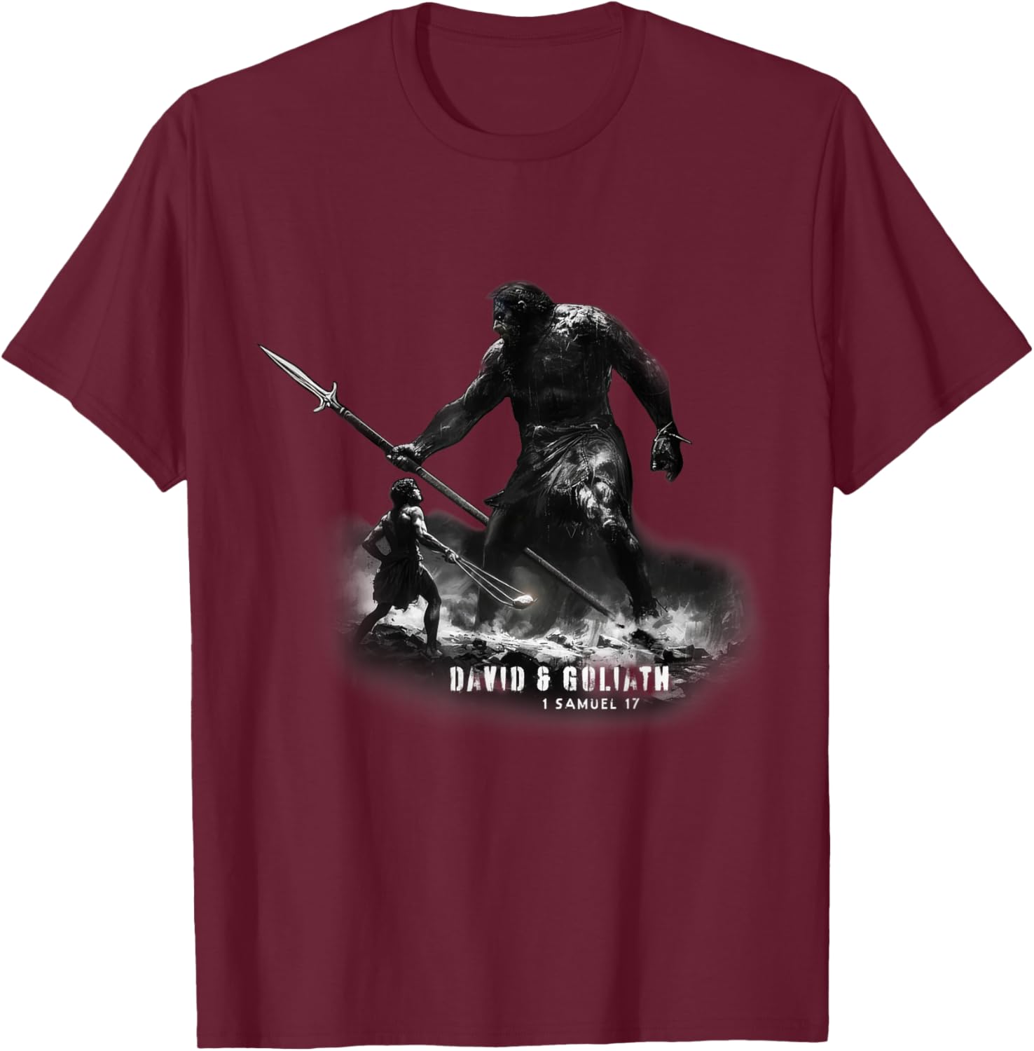 David & Goliath, Faith Overcomes All - Biblical Stories T-Shirt - T-Shirt | Maroon