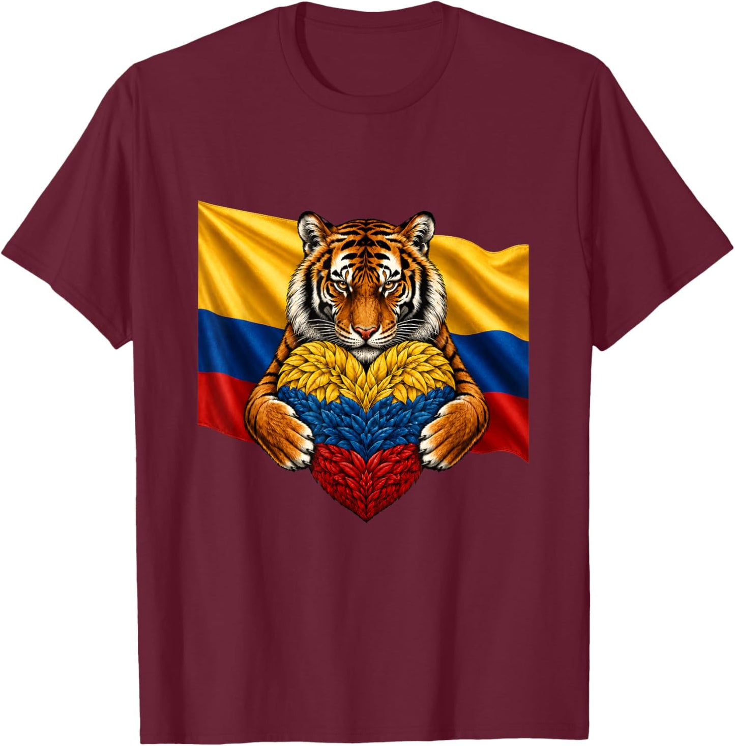 Colombia Flag Tiger Heart Colombian Pride Patriotic Heritage T-Shirt - T-Shirt | Maroon