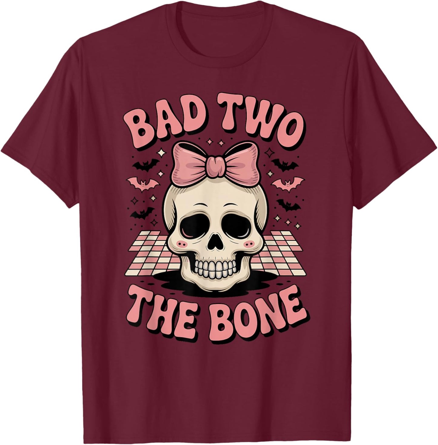 Halloween Skull Bow T-Shirt - T-Shirt | Maroon