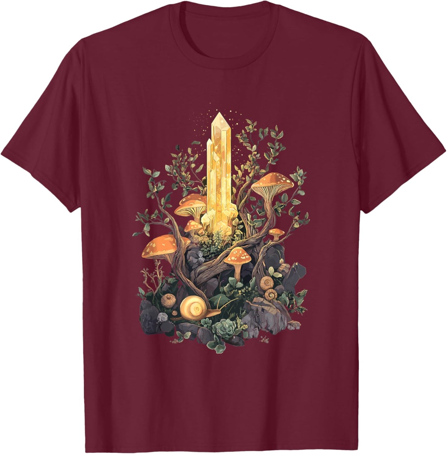 Crystal with Forest Mushrooms and Snails - Goblincore T-Shirt - T-Shirt | Maroon