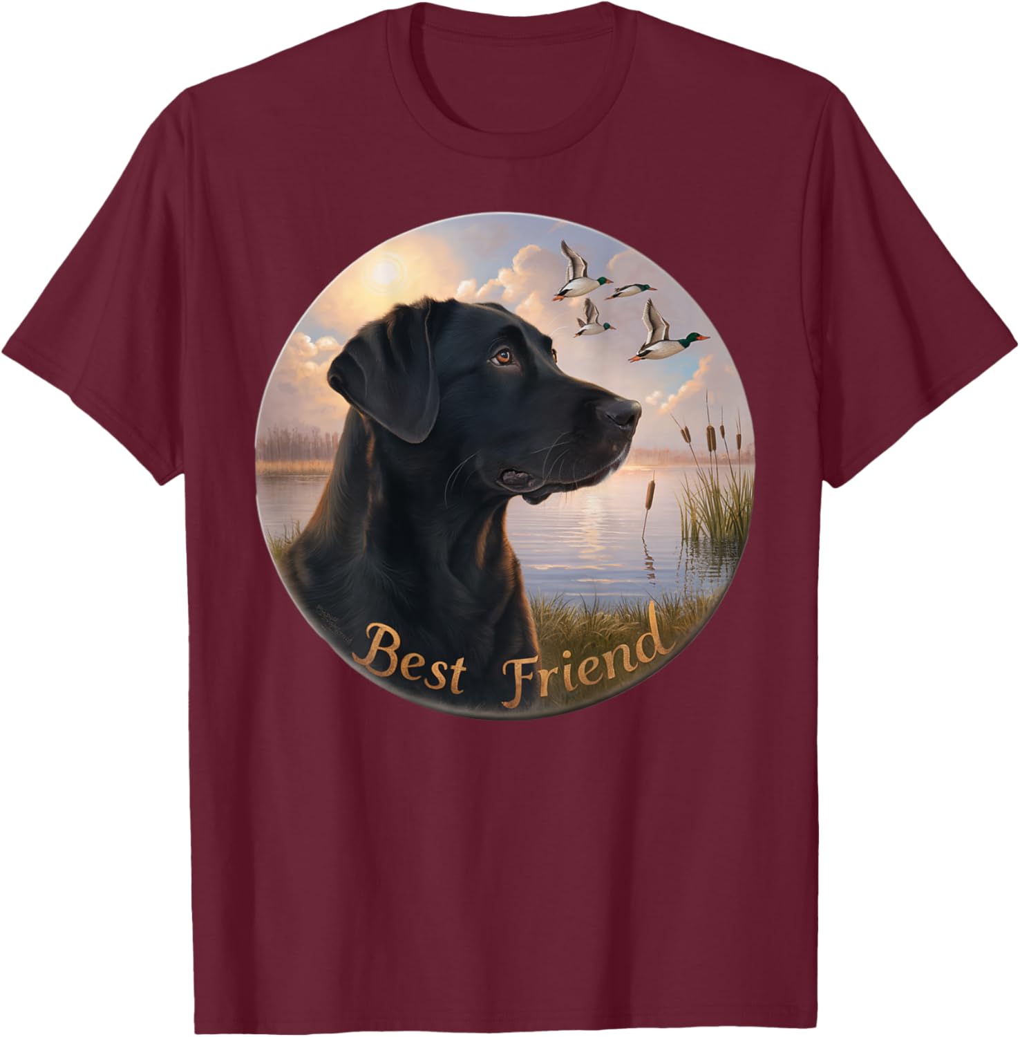 BACK PRINT. Hunting black labrador dog and geese with ducks T-Shirt - T-Shirt | Maroon
