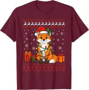 Fox Christmas Ugly Sweater Fox Graphic T-Shirt - T-Shirt | Maroon