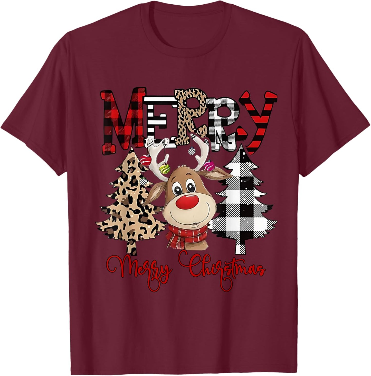 Funny Christmas Cartoon Cute Reindeer T-Shirt - T-Shirt | Maroon