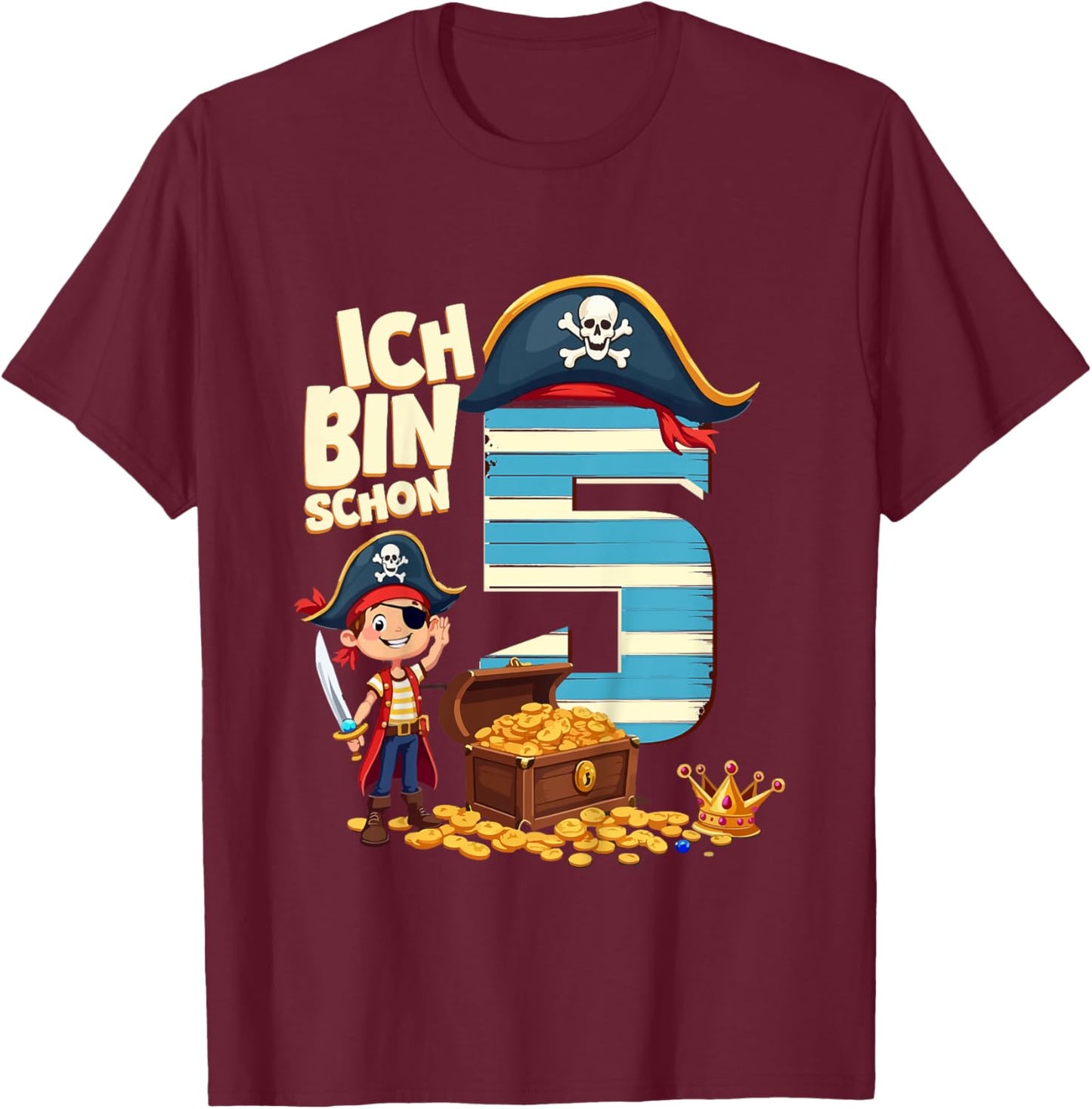 Children's 5th Birthday Pirate Decoration 5 Years Boy Outfit Pirate , black T-Shirt - T-Shirt | Maroon