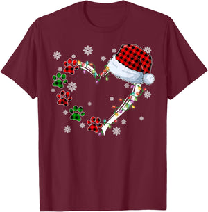 Funny Dog Cat Paws Print Heart Santa Hat Christmas Pajamas T-Shirt - T-Shirt | Maroon
