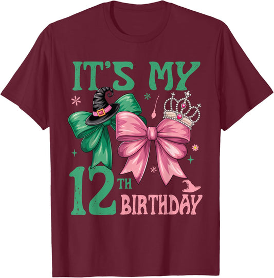 12th Birthday Girl Its My 12th Birthday Witch Pink and Green T-Shirt - T-Shirt | Maroon