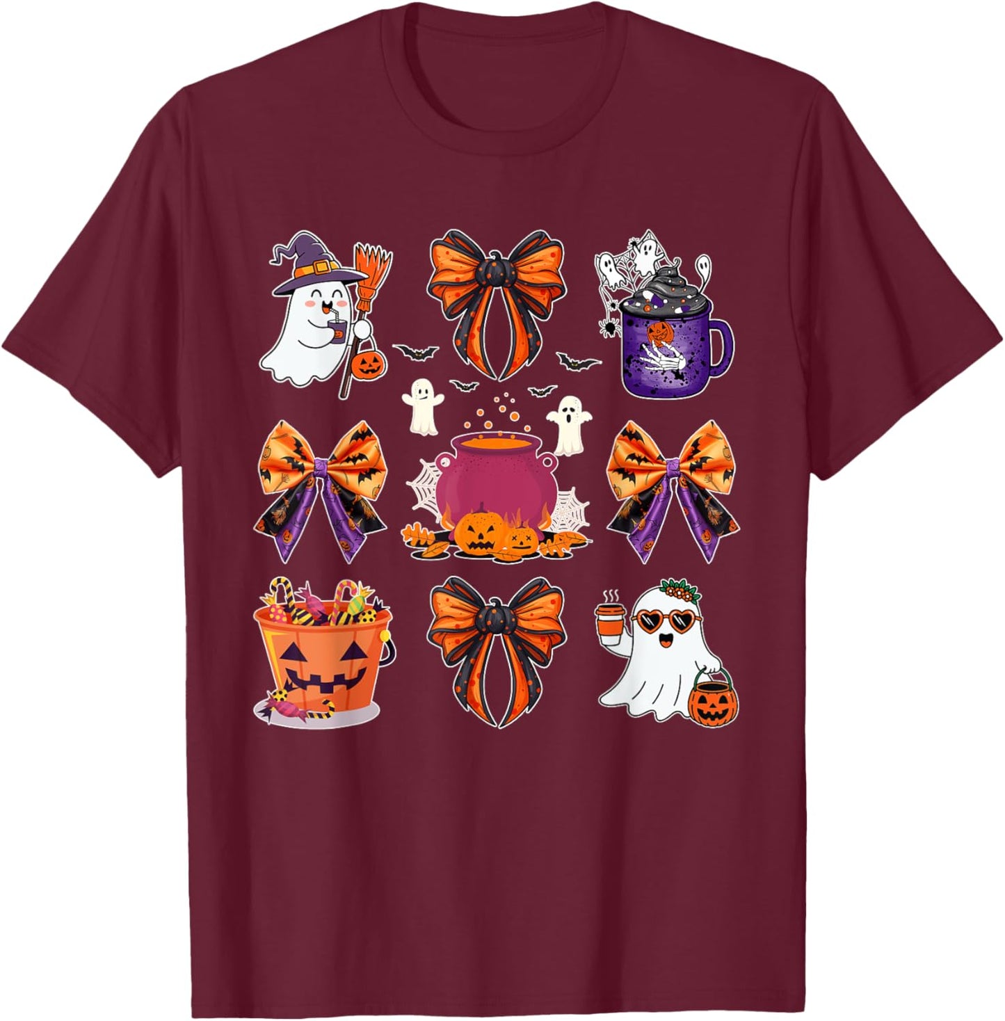 Ghost Boo Candy Buckets Pumpkin Spice Halloween Coquette Bow T-Shirt - T-Shirt | Maroon