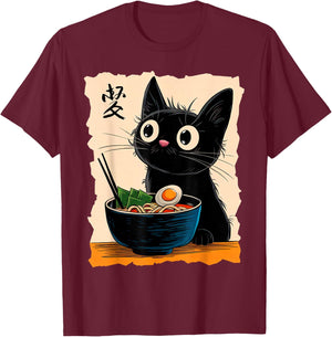 Black Cat Ramen Japanese Kawaii Anime Cat Ramen T-Shirt - T-Shirt | Maroon