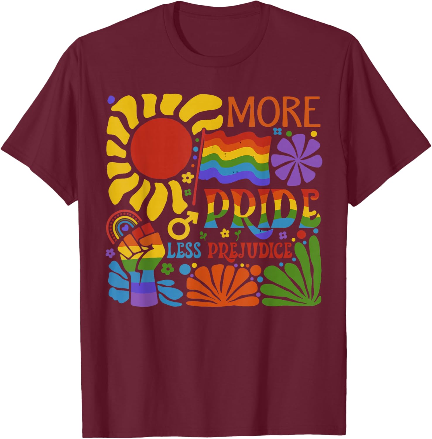 Groovy More Pride Flower Less Prejudice Pride Month LGBT T-Shirt - T-Shirt | Maroon
