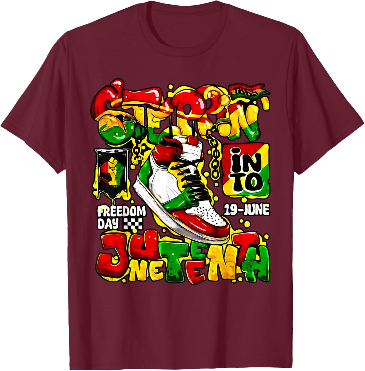 Stepping Into Juneteenth Afro Woman Black Girls Sneakers T-Shirt - T-Shirt | Maroon