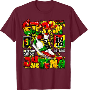 Stepping Into Juneteenth Afro Woman Black Girls Sneakers T-Shirt - T-Shirt | Maroon