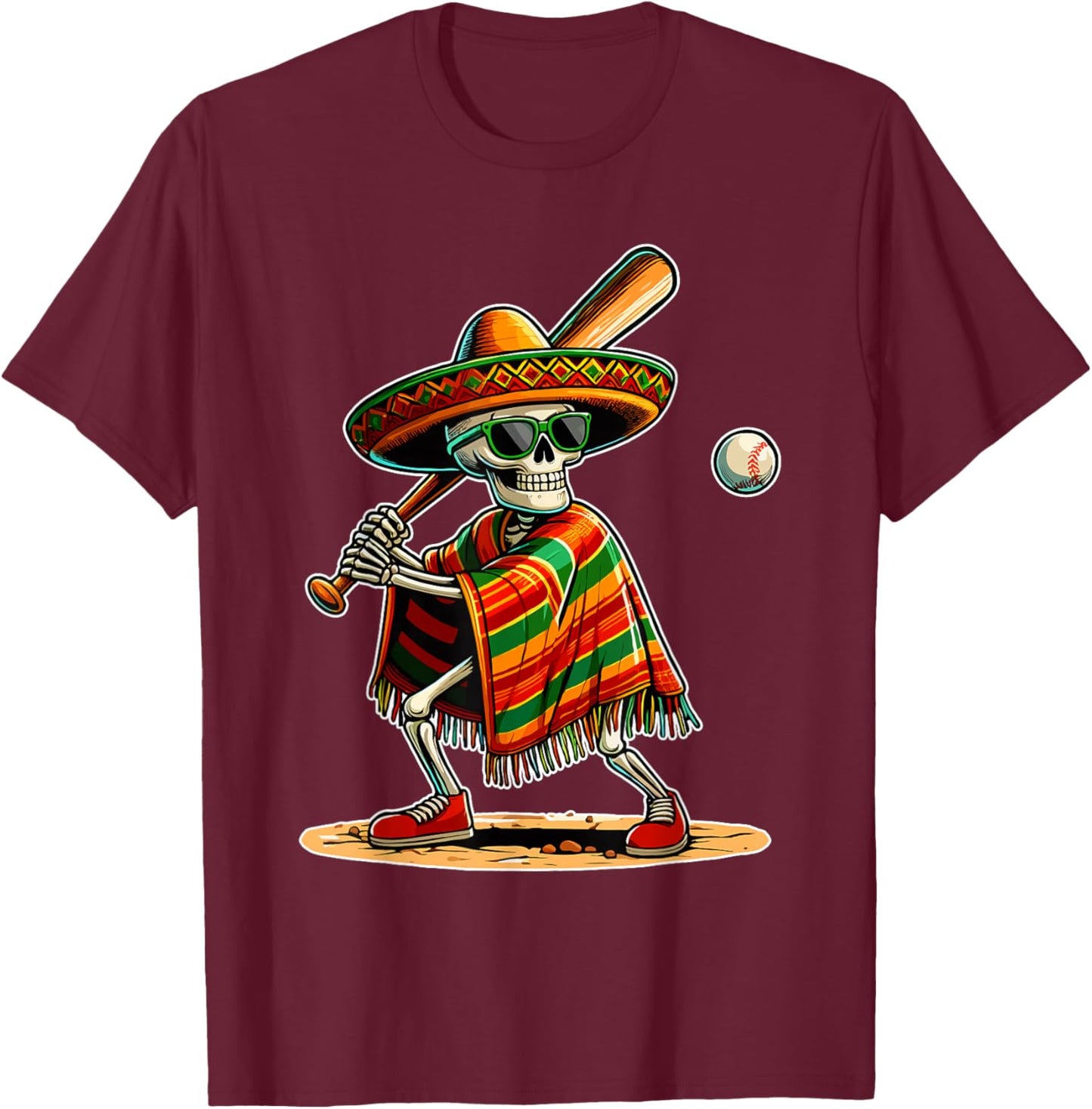 Baseball Skeleton Mexican Sombrero Cinco De Mayo T-Shirt - T-Shirt | Maroon