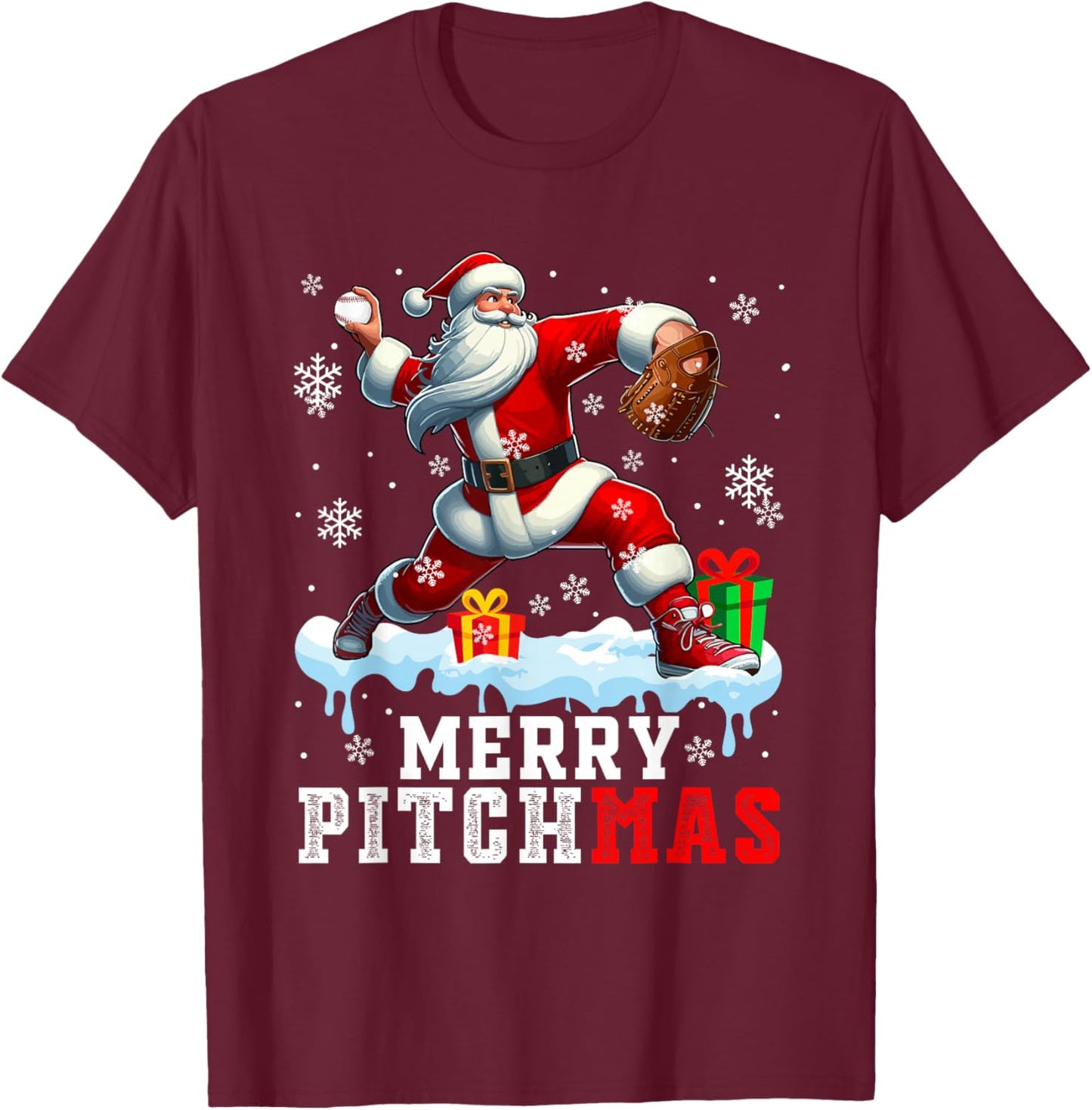 Merry Pitchmas Christmas Santa Pitcher Playing Baseball T-Shirt - T-Shirt | Maroon