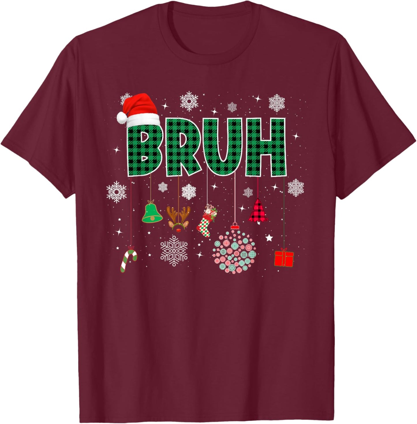Bruh Christmas Green Plaid Boys Kids Girls Xmas Pajamas T-Shirt - T-Shirt | Maroon