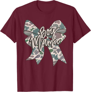 Boy Mama Camo Coquette Bow Camouflage Mothers Day T-Shirt - T-Shirt | Maroon