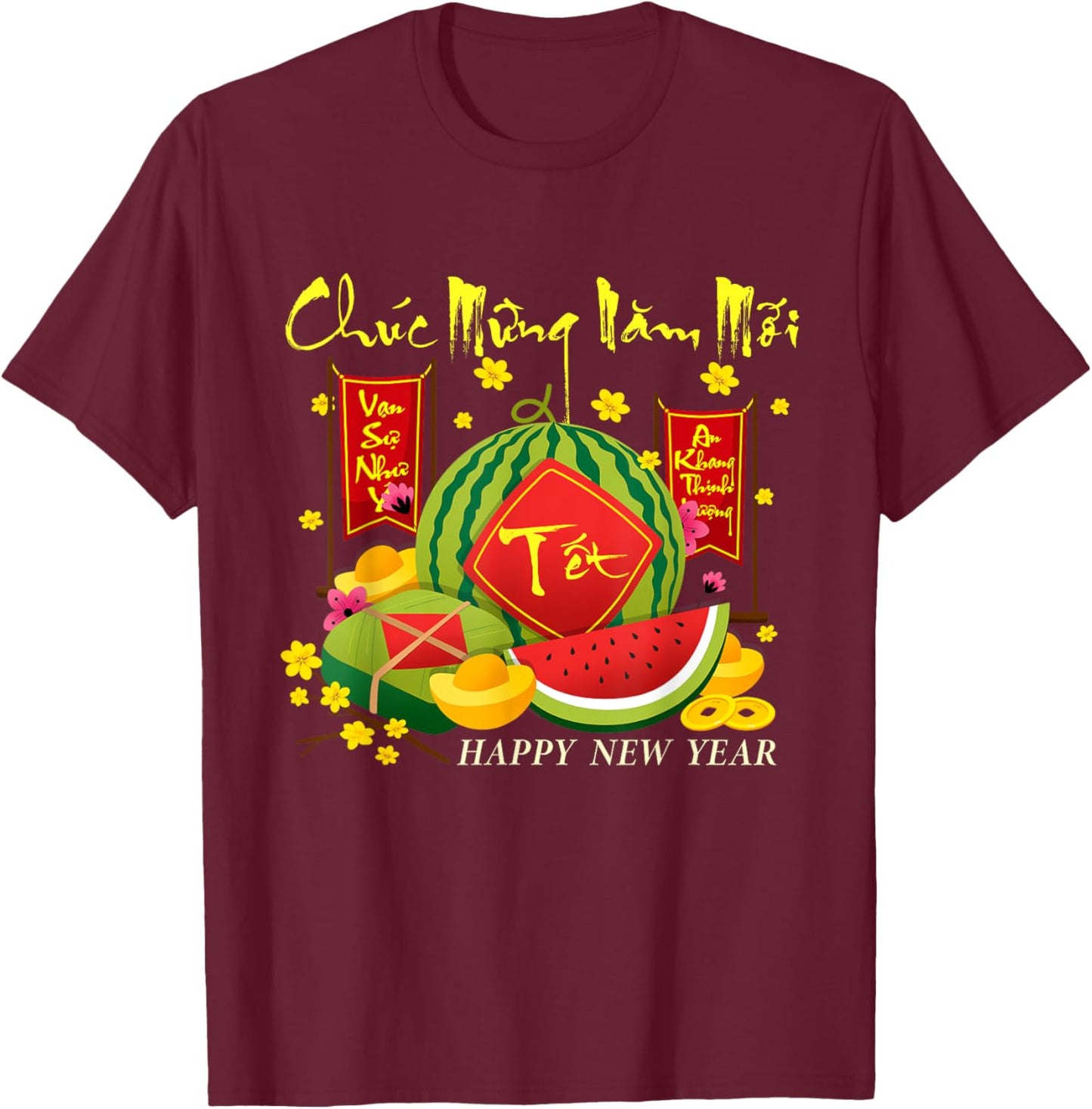 Happy Vietnamese Lunar New Year Wishes Chuc Mung Nam Moi -Adults Black Short Sleeve Classic Fit Cotton Blend T-Shirt - T-Shirt | Maroon