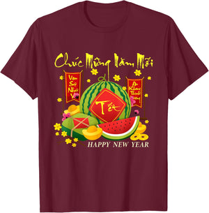 Happy Vietnamese Lunar New Year Wishes Chuc Mung Nam Moi -Adults Black Short Sleeve Classic Fit Cotton Blend T-Shirt - T-Shirt | Maroon