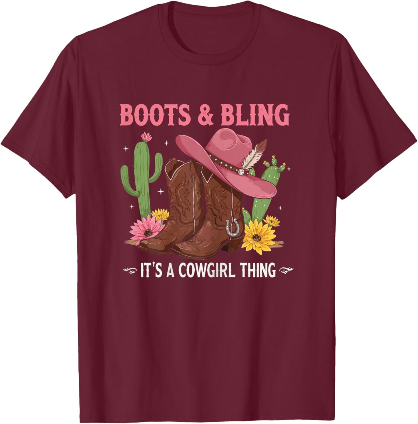 Howdy Country Rodeo Girl Western Boots & Bling its a Cowgirl T-Shirt - T-Shirt | Maroon