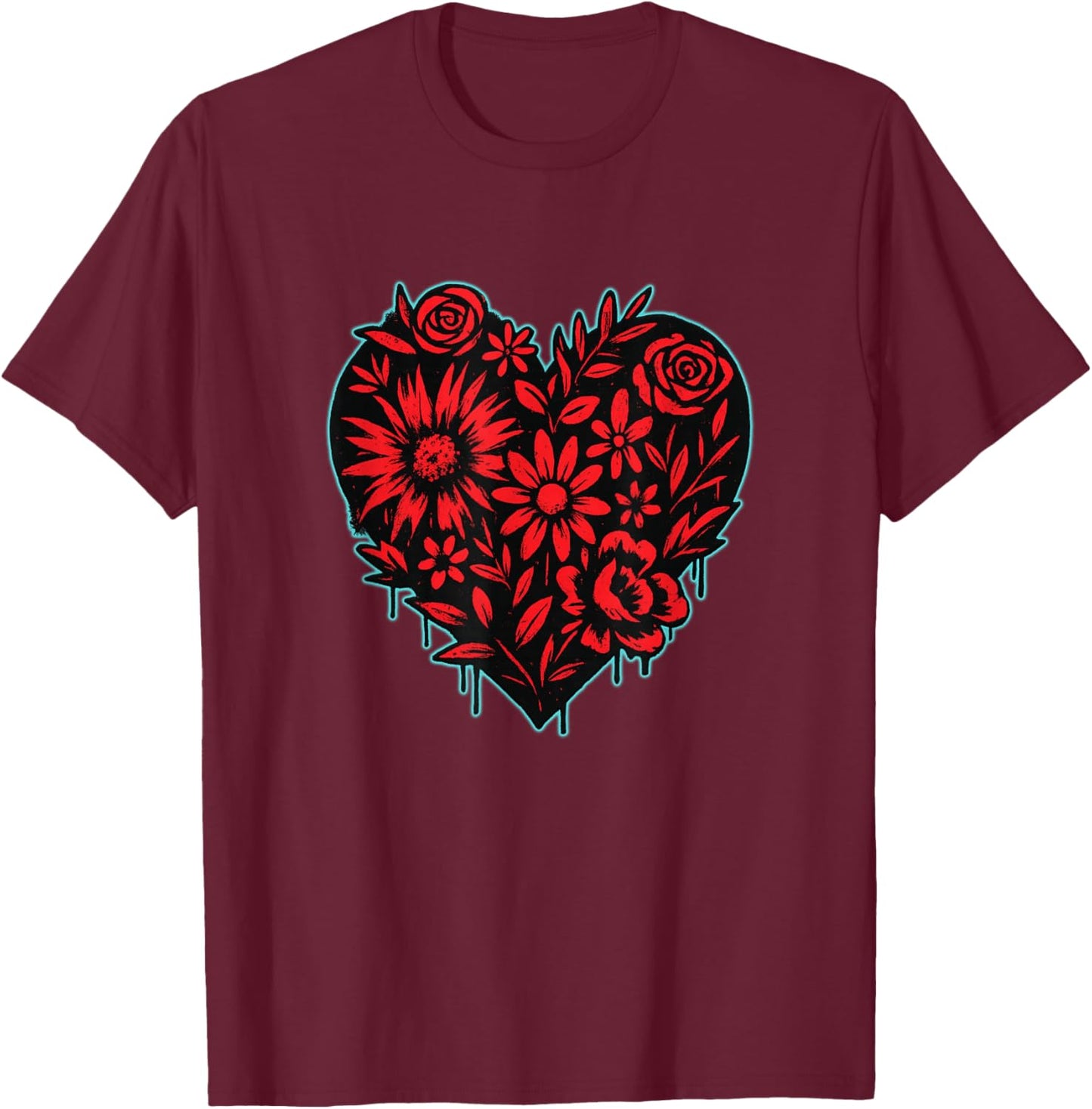 Red Floral Graffiti Heart with Cyan Outline Street Art T-Shirt - T-Shirt | Maroon