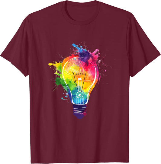 Creative Colorful Light Bulb Artistic Paint Splash T-Shirt - T-Shirt | Maroon