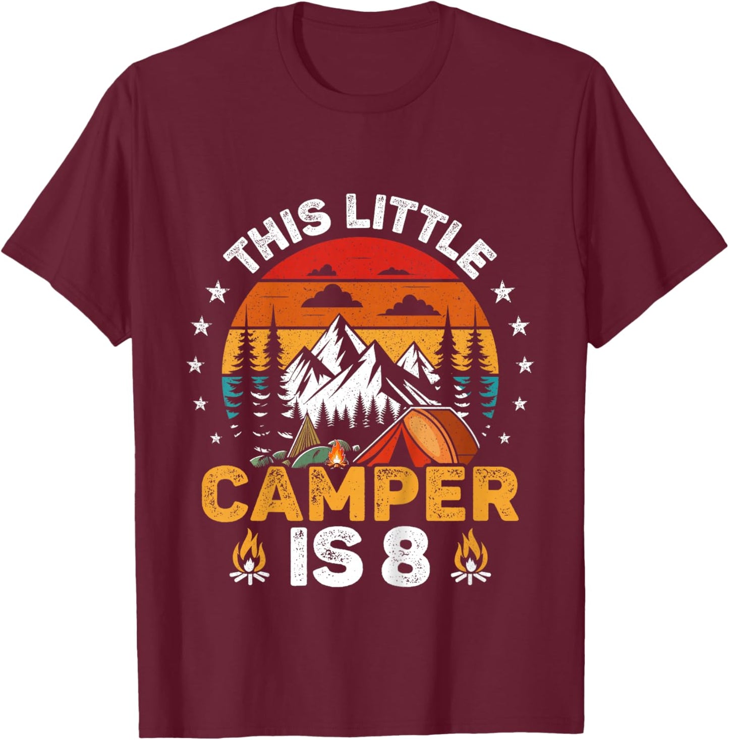 Kids This Little Camper is 8 Year Old Camping 8th Birthday Party T-Shirt - T-Shirt | Maroon