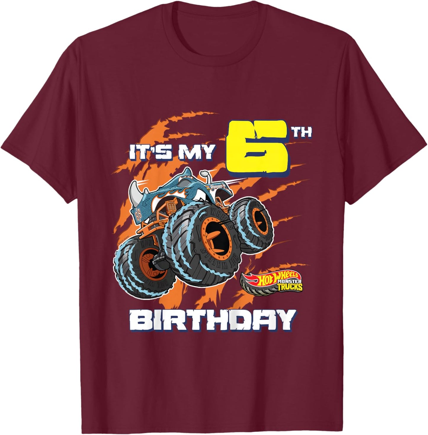 Kids Hot Wheels Monster Trucks - It's My 6th Birthday T-Shirt - T-Shirt | Maroon