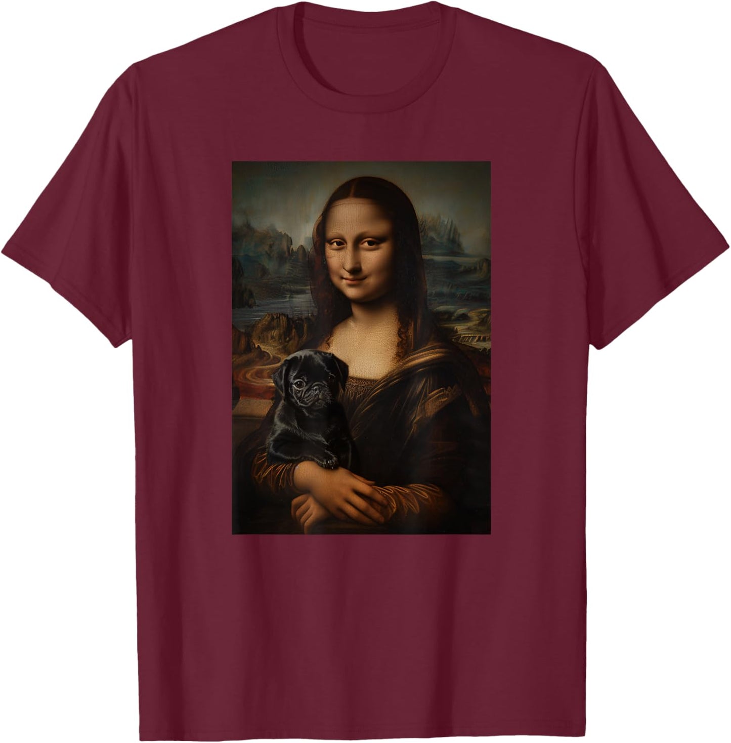 Black Pug Mona Lisa Painting Art Dog Mom Dad Men Women Kids T-Shirt - T-Shirt | Maroon