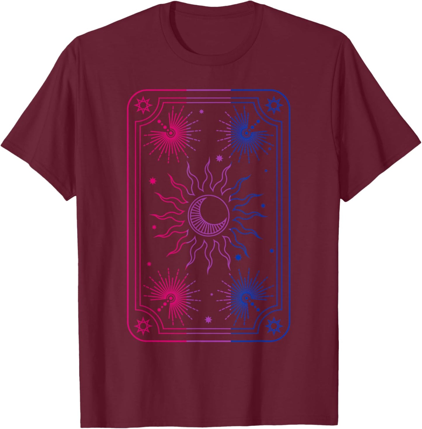 Mystical Cosmic Tarot Card with Sun in Bisexual Flag Colors T-Shirt - T-Shirt | Maroon