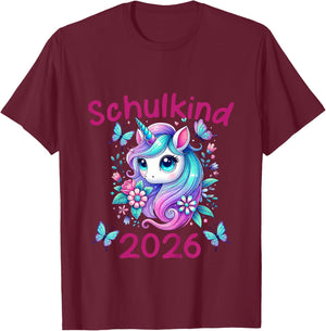 Kinder Mädchen Einhorn Schulanfang Schulkind 2026 T-Shirt - T-Shirt | Maroon