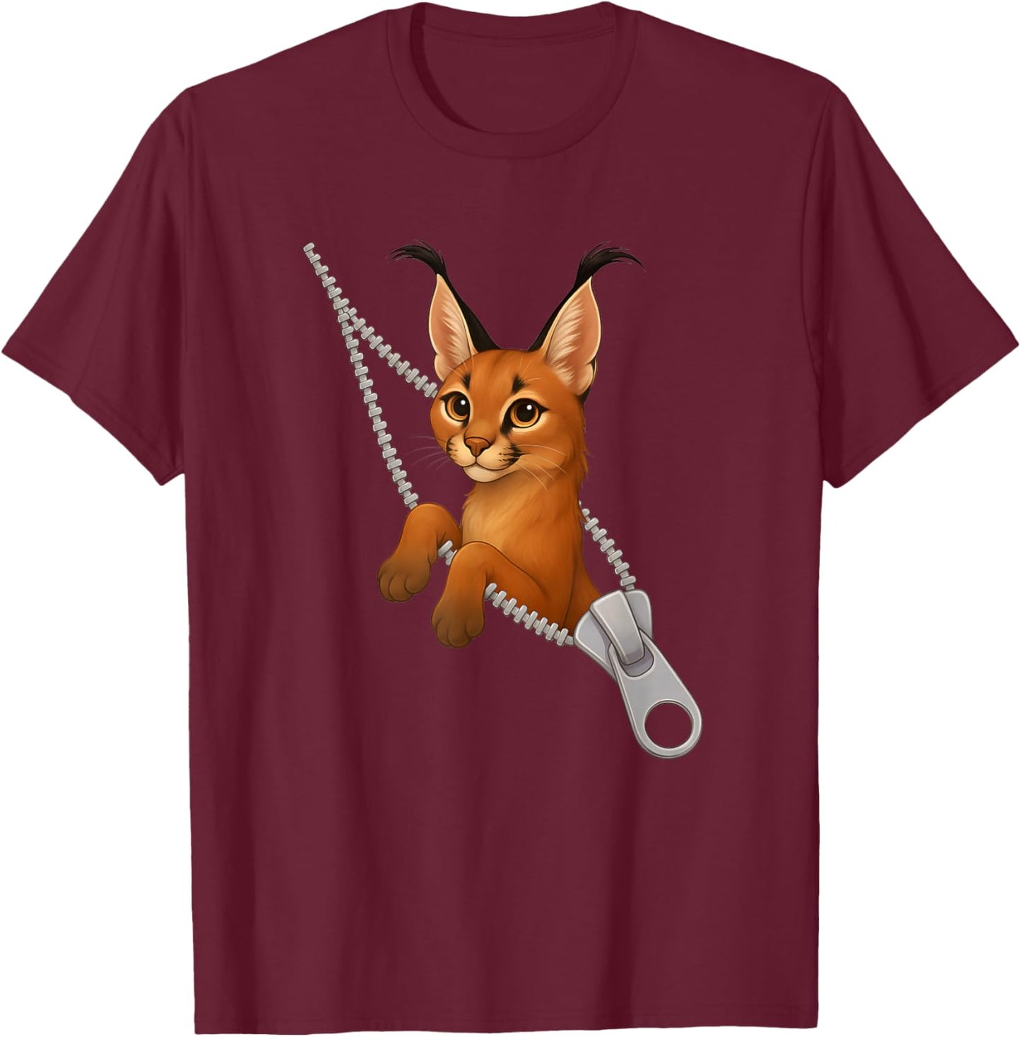 Funny Caracal Cat Cute Zipper T-Shirt - T-Shirt | Maroon