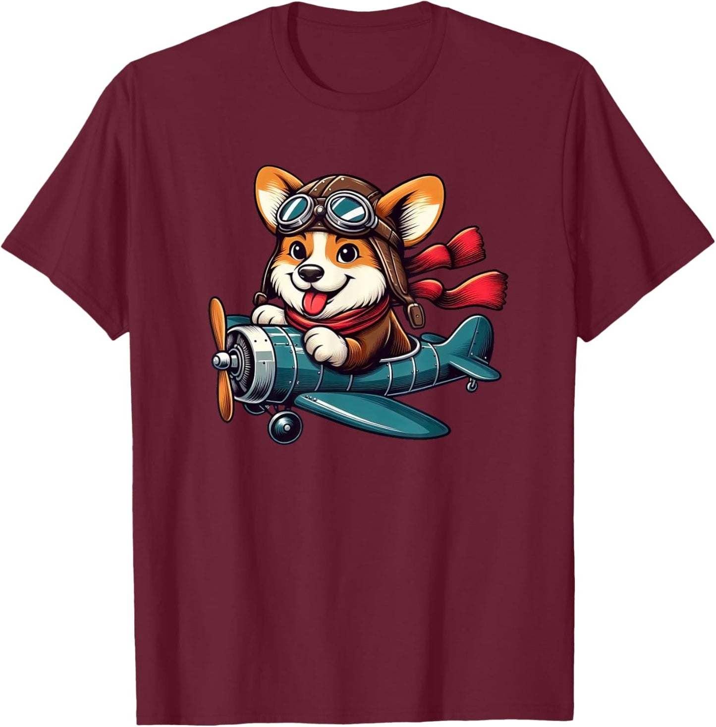 Corgi Pilot Dog Funny Aviator T-Shirt - T-Shirt | Maroon