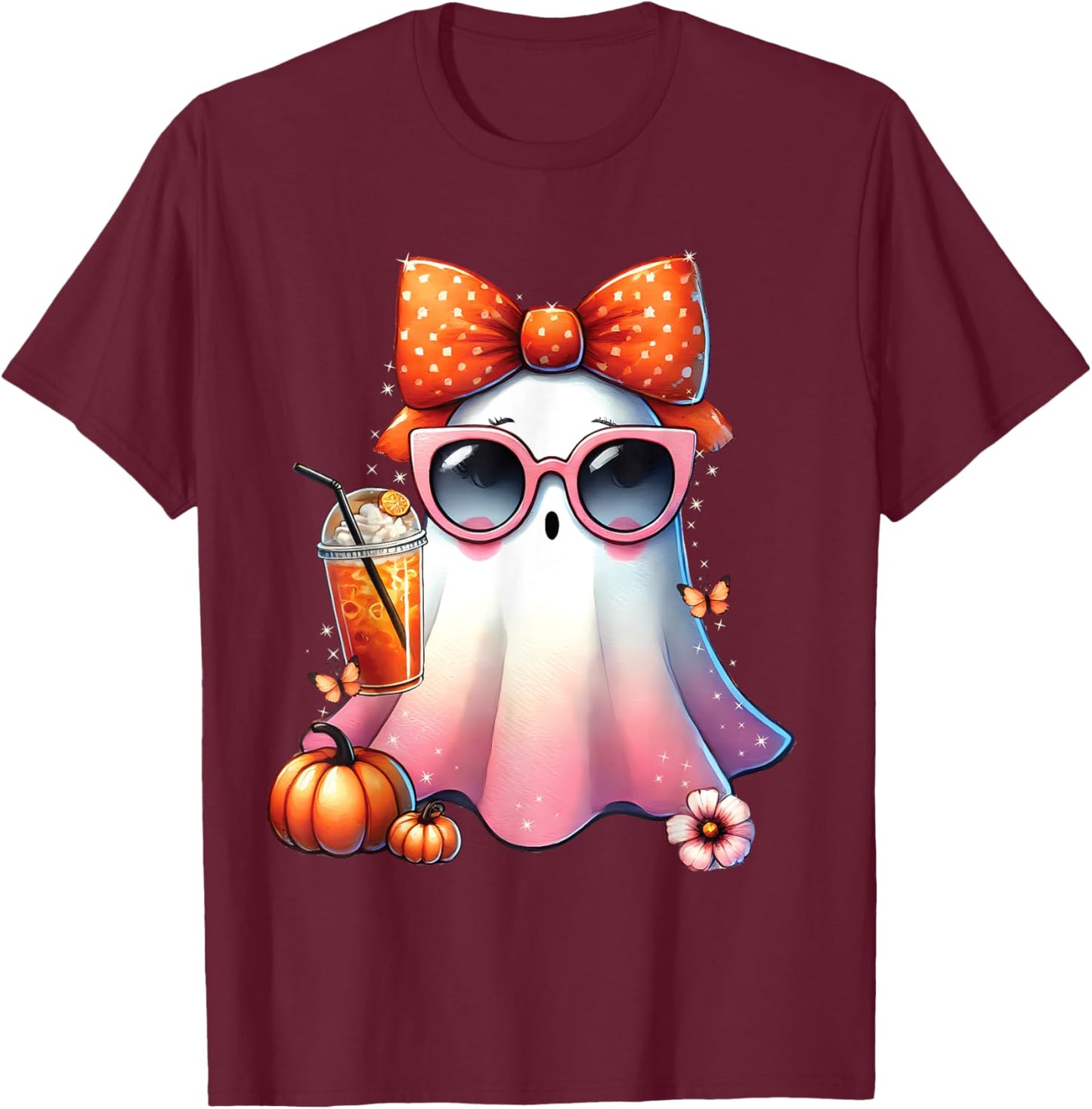 Cute Ghost Drinking Coffee With Halloween Bow Women Girls T-Shirt - T-Shirt | Maroon