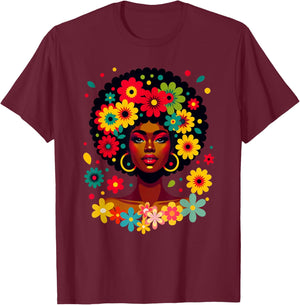 Groovy Black Woman Melanin With Flowers Afro Pride T-Shirt - T-Shirt | Maroon