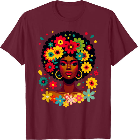 Groovy Black Woman Melanin With Flowers Afro Pride T-Shirt - T-Shirt | Maroon