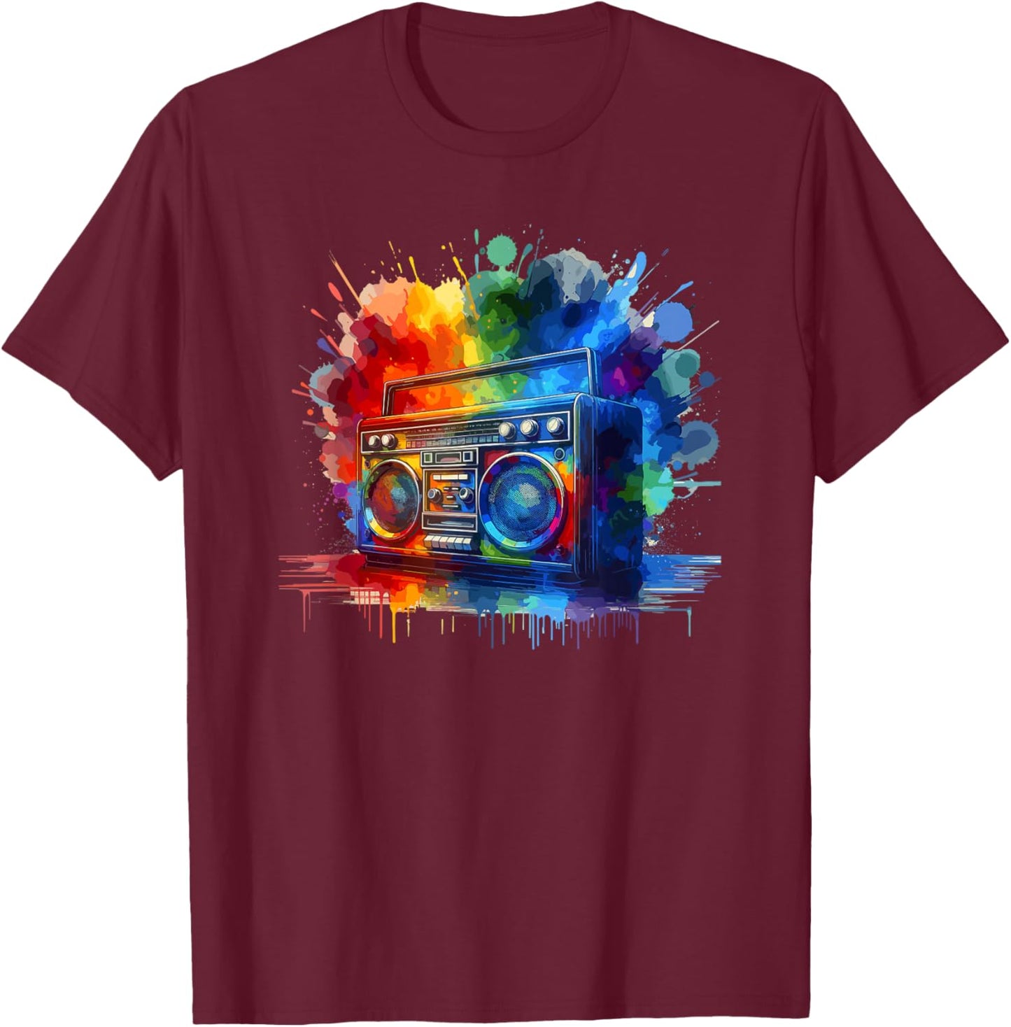 Splash Art Boombox Old School 80s Music Hip Hop T-Shirt - T-Shirt | Maroon