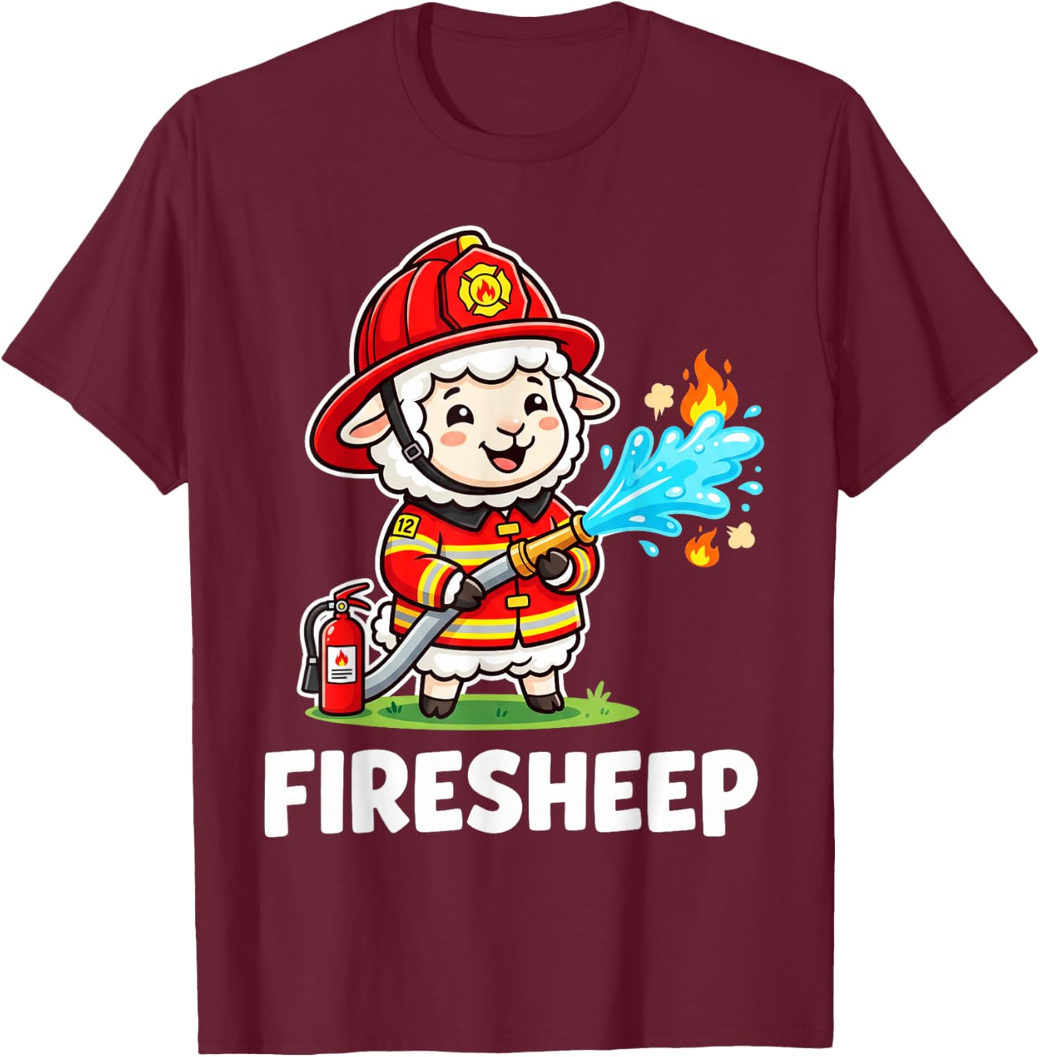 Fire Fighter Sheep Lamb Cattle Livestock Firefighter Mascot T-Shirt - T-Shirt | Maroon