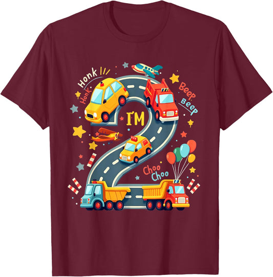 2 Year Old Birthday Boy Party Truck Car Transportation Kids T-Shirt - T-Shirt | Maroon