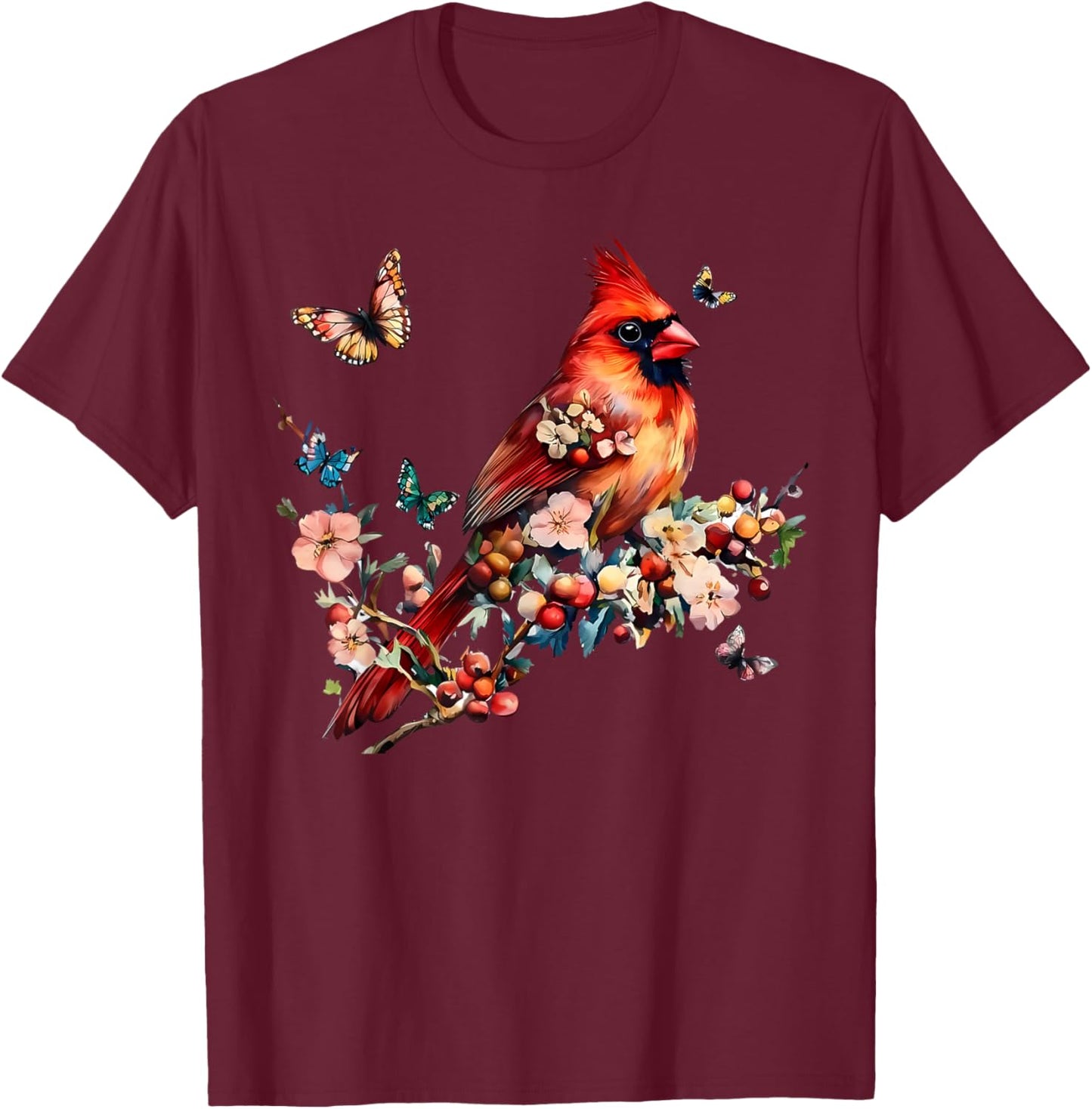 Vintage Red Cardinal Floral Butterfly Bird Animal Lovers T-Shirt - T-Shirt | Maroon