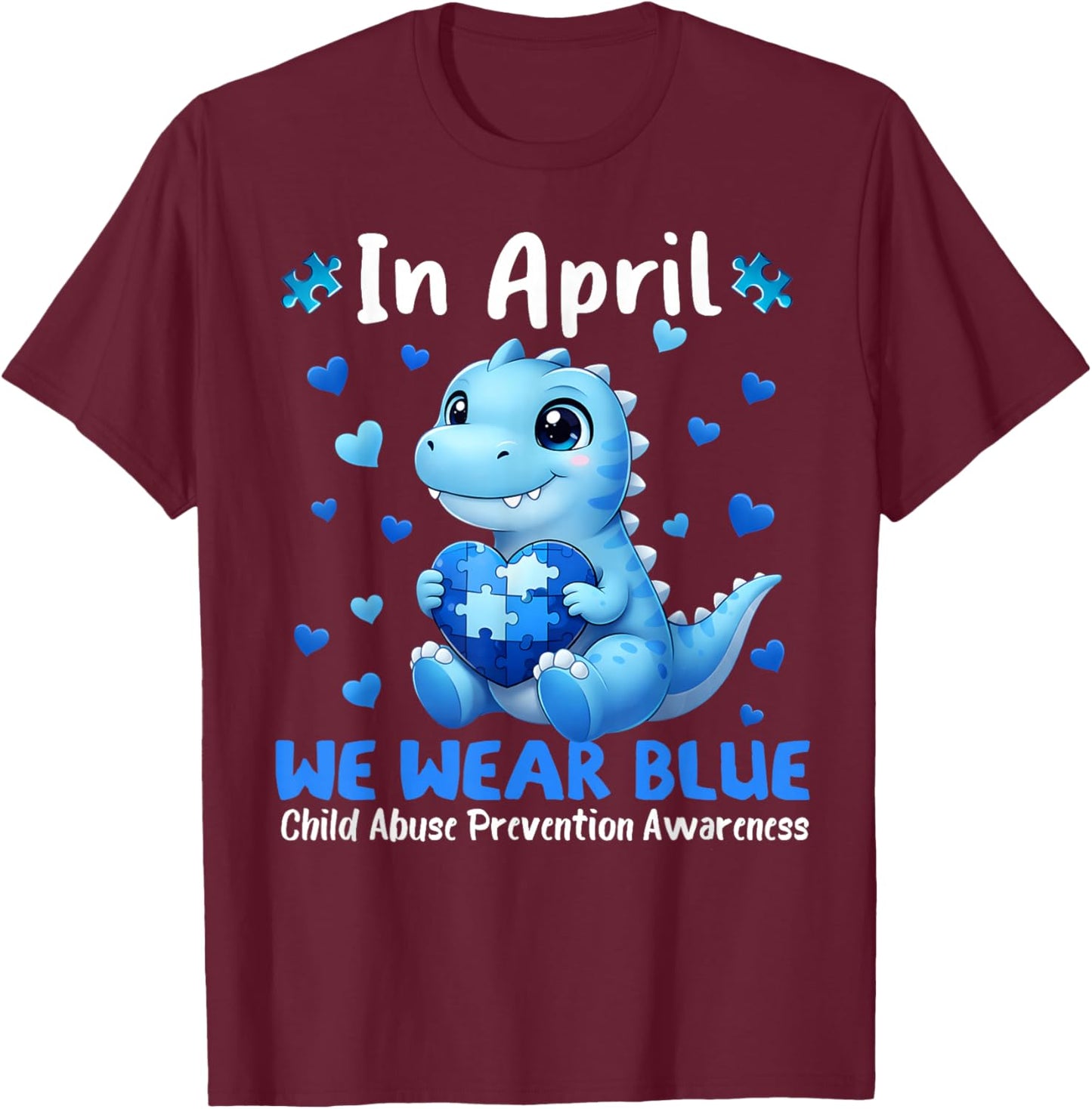 April We Wear Blue Puzzle Dinosaur Child Abuse Prevention T-Shirt - T-Shirt | Maroon
