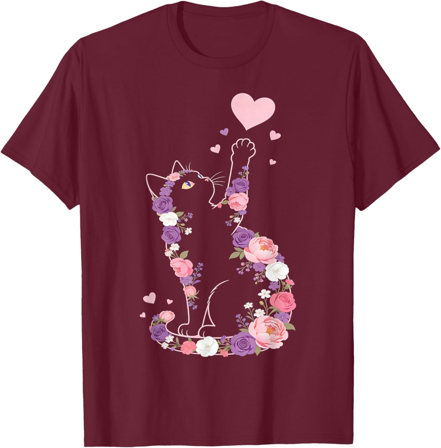Cute Flower Cat Owners Artwork with Hearts and Roses T-Shirt - T-Shirt | Maroon