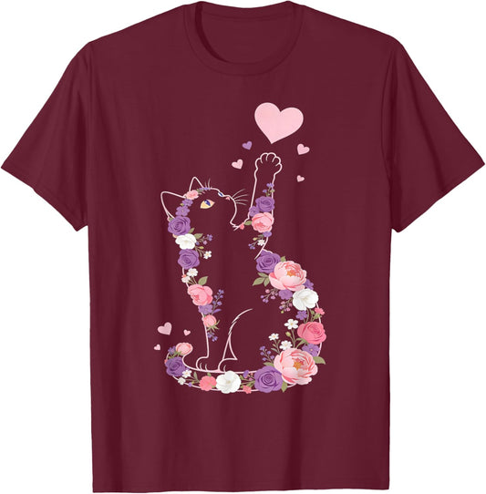 Cute Flower Cat Owners Artwork with Hearts and Roses T-Shirt - T-Shirt | Maroon