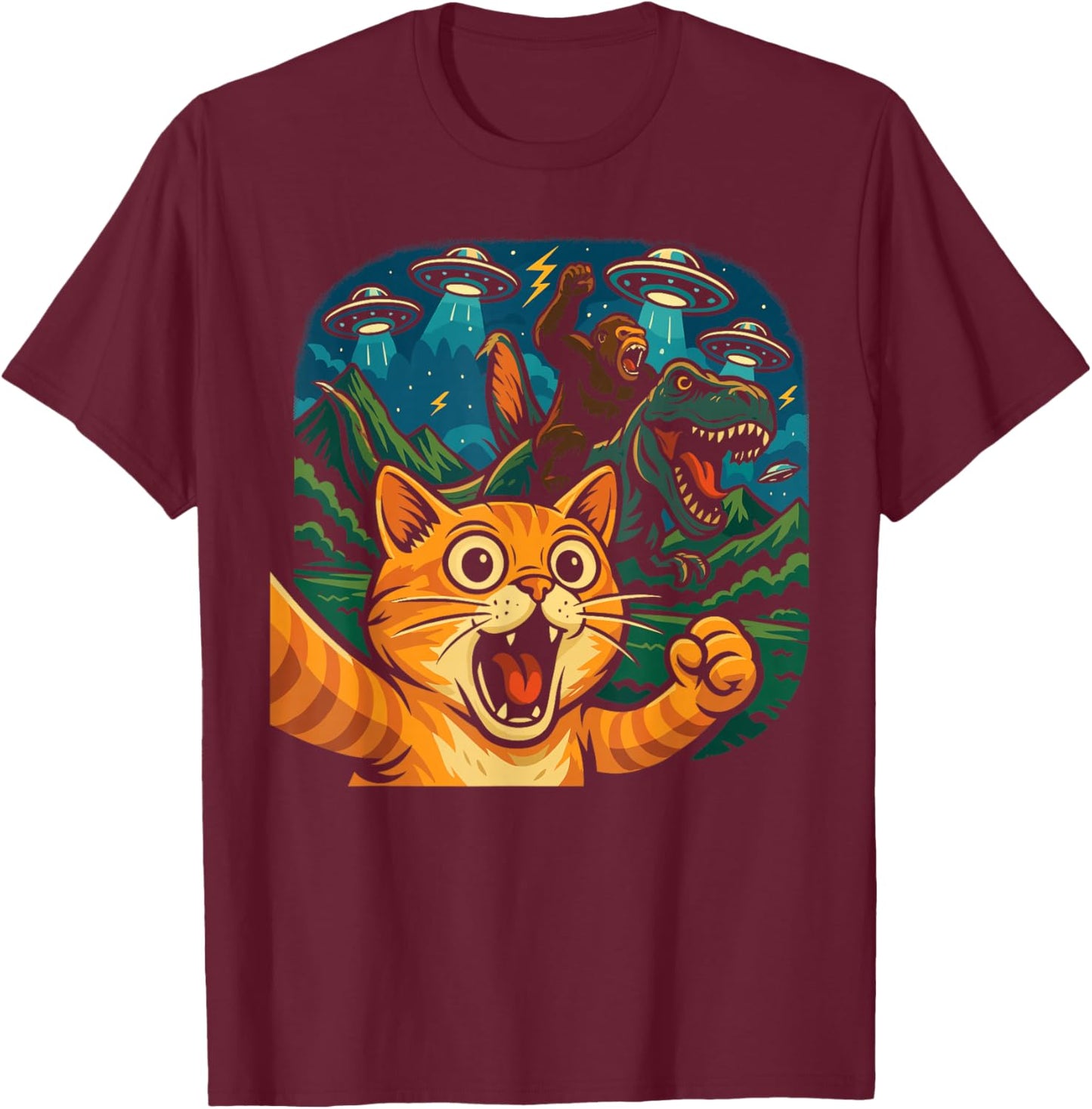 Funny Cat Selfie with T-Rex Gorilla UFO T-Shirt - T-Shirt | Maroon