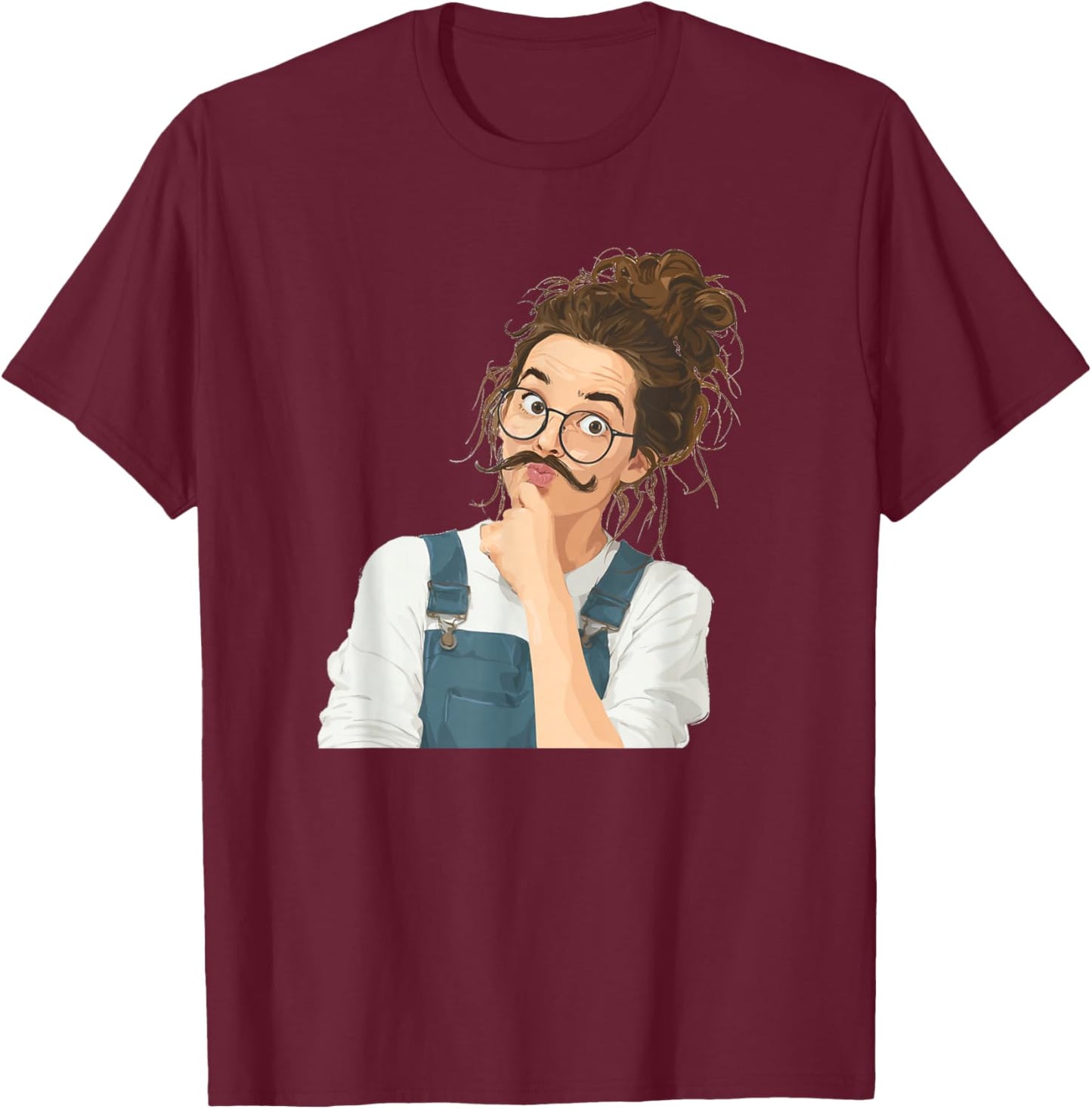 Funny Draft Art Girl with Mustache Beard T-Shirt - T-Shirt | Maroon