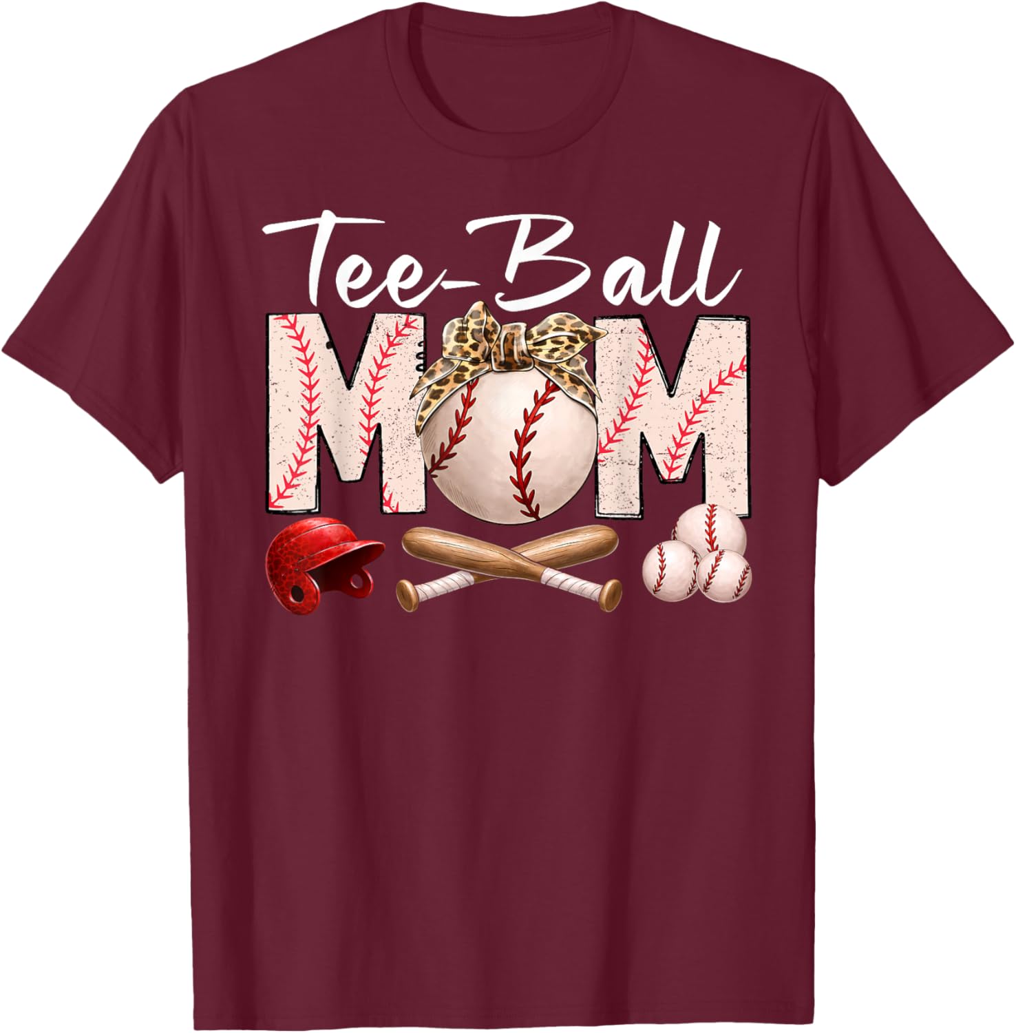 Ball Mom Funny TBall Leopard Print Bow Mother's Day T-Shirt - T-Shirt | Maroon