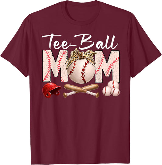 Ball Mom Funny TBall Leopard Print Bow Mother's Day T-Shirt - T-Shirt | Maroon