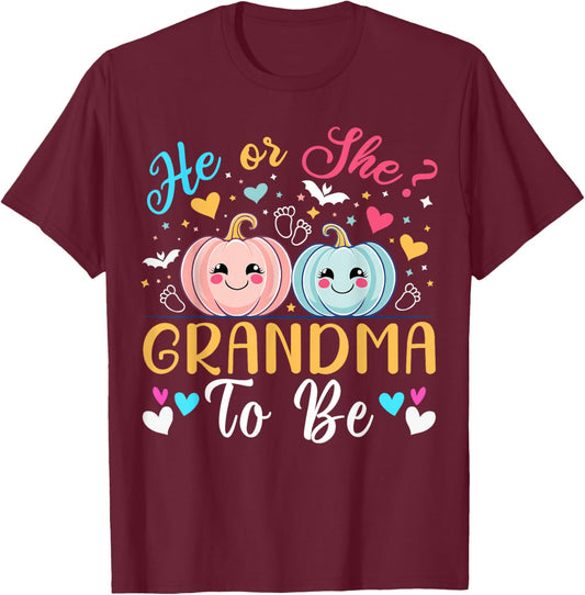 Halloween Gender Reveal He or She Grandma To Be Pumpkin T-Shirt - T-Shirt | Maroon