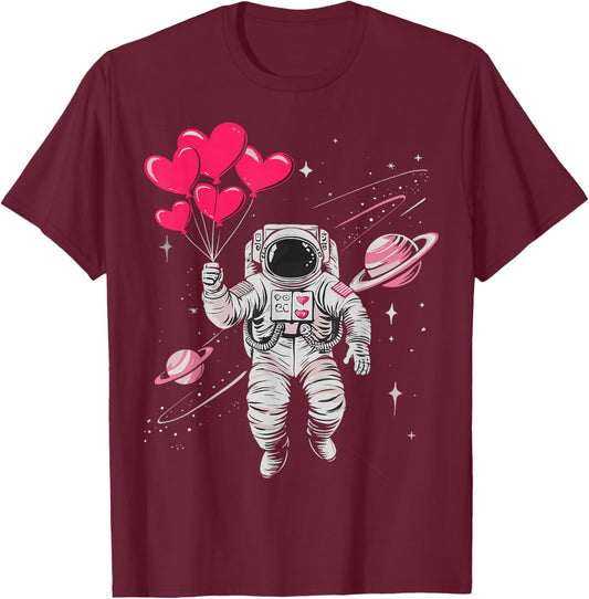 Valentines Day Space Astronaut Heart Balloons Toddler Boys T-Shirt - T-Shirt | Maroon