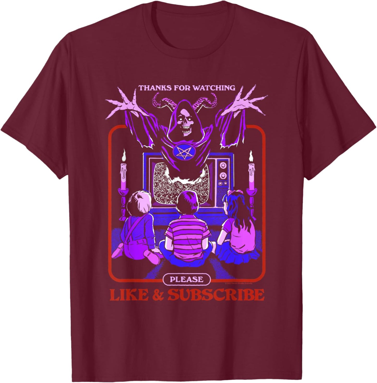 Steven Rhodes Demonic Like and Subscribe Cult Dark Humor T-Shirt - T-Shirt | Maroon